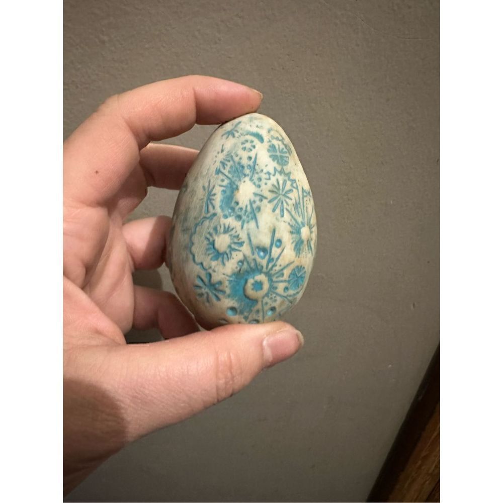 Vintage MCM EC Brinkman Signed Pottery Egg Floral Starbust Retro 3x2”